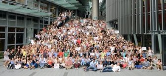 Prof. Joseph Sung, Vice-Chancellor, is joined by other members of the University in a group photo with incoming exchange students at the Yasumoto International Academic Park.